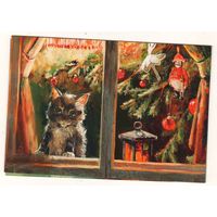 Посткроссинг. Новогодняя открытка: кот у окна, худ.М.Павлова (11,5х16,5), издательство "Речь". Прошла почту. Художественная марка.