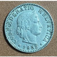 Монета 20 раппенов 1953 год. Швейцария