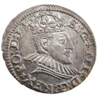 Речь Посполитая: Литва и Польша, трояк/ 3 гроша (м.д. Рига) 1590 г., 3 Grossus (Riga) - 15 90, большая голова (large head) - Rarity Level: R4, состояние Unc, Жигимонт III
