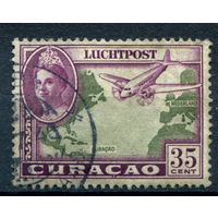 Нидерландские колонии - Кюрасао - 1942г. - ландшафты, авиация, королева Вильгельмина, авиапочта, 35 с - 1 марка - гашёная [Mi 188]. #3-WB-97-A-1