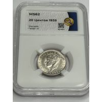 Малайя. 20 cent 1939 Георг VI. Серебро MS62