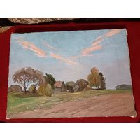 С рубля без мц. Картина Г.Буралкин ''Деревенский пейзаж'' х. м. 50х36см.