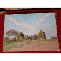 С рубля без мц. Картина Г.Буралкин ''Деревенский пейзаж'' х. м. 50х36см.