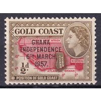 58.BrK. Британский доминион Гана. Елизавета II. 1957 г. 1/2P. Надпечатка. Гана. Независимость. 6 марта 1957.  MNH. Mi.#5.