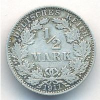 Германия 1/2 марки 1911 год А Ag _состояние VF