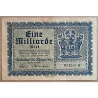 Германия 1 миллиард марок 1923 г Дюссельдорф XF, В/З, БЕЗ НАДПЕЧАТКИ/ГАШЕНИЯ