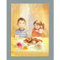 Открытка. Дети. Девочка. Мальчик. Друзья. Пирожки. Чаепитие. Художник Ек. Бабок (чистая)