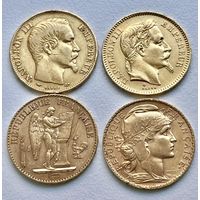4 золотые монеты. Франция. 20 Франков Золото. (аукцион Без минимальной цены)