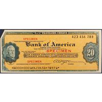 20 долларов. Дорожный чек. Bank of America. Образец. aUnc. 1965 г.