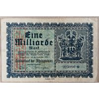 Германия 1 миллиард марок 1923 г Дюссельдорф XF, В/З, надпечатка срока действия 1 апреля 1924