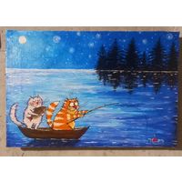 Кот рыбак. Картина маслом 40 на 50см