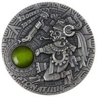 RARE Ниуэ 5 долларов 2020г. "Бог солнца Ацтеков: Тонатиу. Оливин". Монета в капсуле; деревянном подарочном футляре; сертификат; коробка. СЕРЕБРО 62,20гр.(2 oz).