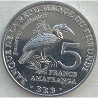 Бурунди 5 франков 2014 г. Птицы. Кафрский рогатый ворон