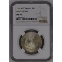 3 рейхсмарки 1931 год. 300-я годовщина разорения Магдебурга. Отличнейшее коллекционное состояние. Штемпельный блеск. Грейд NGC MS65