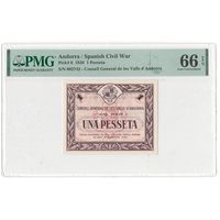 Андорра 1 песета 1936 года. Тип Р-6. Состояние UNC! В слабе PMG 66