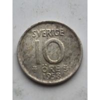 10 эре 1958 года Швеция. Серебро 400. Монета не чищена. 45214