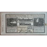 Германия 500 миллионов марок 1923 г Дуйсбург-Мейдерих XF+, В/З, 1205zb2.2, тисненая печать, ВЫПУСК ДЛЯ РЕЙНСКИХ СТАЛЕПЛАВИЛЬНЫХ ЗАВОДОВ
