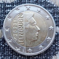 Люксембург 2 евро 2023 года, UNC. Король. Клеймо Гастауер-Клер Иветта. Птица и Посох Меркурия.