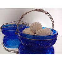 Цветное стекло. Корзинка. Вазочка. Синее стекло. Конфетница. Кобальт