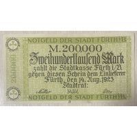 Банкнота 200000 марок 1923 год. Фюрт. Веймарская республика.