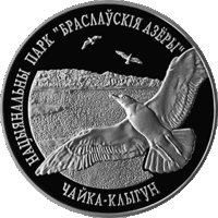 Торги. Серебро . 20 рублей . 2003 год. Нацыянальны парк "Браслаўскія азёры". Чайка–клыгун" ("Национальный парк "Браславские озера". Чайка серебристая  . Тираж 2000 шт.