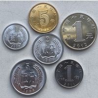 Китай 1, 2, 5 феней, 1, 5 дзяо, 1 юань 1986 - 2012 гг. Набор 6 монет