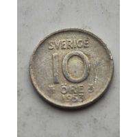 10 эре 1953 года Швеция. Серебро 400. Монета не чищена. 45216