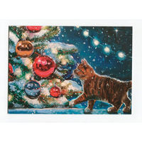 Открытка. С новым годом! Ёлочка. Фауна. Животные. Котики. Рыжий котенок. Игрушки на ёлке. Худ. С.Шамшурина (чистая)