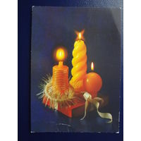 Новогодняя открытка.  1991 г.  Три свечи.  подписанная.