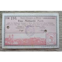 Werty71 Германия Веймар 1000000000 марок 1923 банкнота 1 миллиард гроссгельд Гинген-ан-дер-Бренц город в Баден-Вюрт