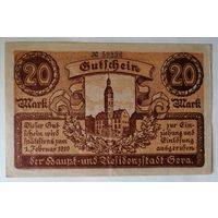 Германия 20 марок 1919 г Гера (Gera) Тисненая печать, XF-, 172.04b