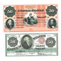50доларов 1861, 1862 года Вашигнтон 2шт. официальные копии редчаших  бонкнот США