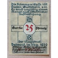 Германия 25 пфеннигов 1920 г Детмольд (Detmold) 268.1, XF-, В/З