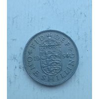 Великобритания 1 шиллинг 1954 год для Англии английские львы на щите королева Елизавета II