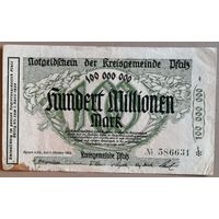 Германия 100 млн 100000000 марок 1923 год Пфальц (Pfalz), Слева длинный текст N # 6 * (# 4,5-5 mm)