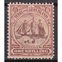 75.BrK. Великобритания. Колонии. Теркс и Кайкос. Парусник. Стандарт. 1 Sh. 1900 г. Mi.#40.