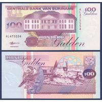 Суринам, 100 гульденгов 1998 г., P-139b (AL, центробанк в Парамарибо, тукан), UNC