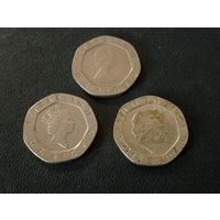 3 двадцатипенсовые монеты Великобритании