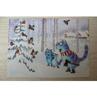 Зенюк Ирина, Новый год, синие коты, снегири; 2021, чистая.