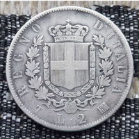 Италия 2 лиры 1863 года. Серебро! Сторгуй за свою цену, предложи обмен! Y70