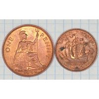 С 1 РУБЛЯ! ЛОТ 2 МОНЕТЫ БРИТАНИИ 1 ПЕННИ, 1/2 ПЕННИ 1948 1943 КОРАБЛЬ БРИТАНИЯ