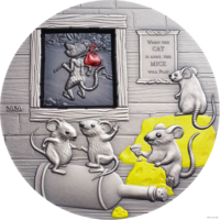 RARE Палау 10 долларов 2020г. "Кот из дома – мыши в пляс. Басни и пословицы". Монета в капсуле; подарочном футляре; номерной сертификат; коробка. СЕРЕБРО 62,20гр.(2 oz).