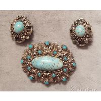 Брошь и клипсы, пекинское стекло, винтажный комплект