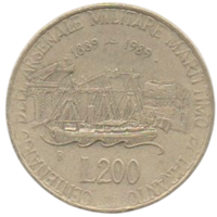 200 лир 1989 Италия. 100 лет морской военной базе в Таранто.