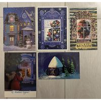 Открытки СССР Новогодние домики окошки