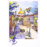 Открытка живопись акварель Лукьянова Витебск сюжет с велосипедом фонарь