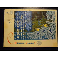 С Новым годом!  1969 г.  Деревья, синички.  напечатано поздравление.