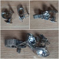 Запонки белый металл, с вставкой. Стекло, винтаж, СССР.