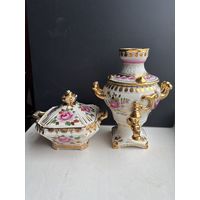 Комплект "фарфоровый самовар и сахарница"! СССР! Позолота! Цветная Гжель! Для сыпучих предметов.