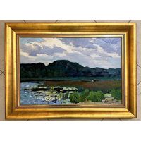 Маслеников П.В;Нар.худ;40/60см;1973г;"Острошицкое озеро", 1973г;40/60см;ДВП, масло. Размер 75х55 см.с учетом рамы